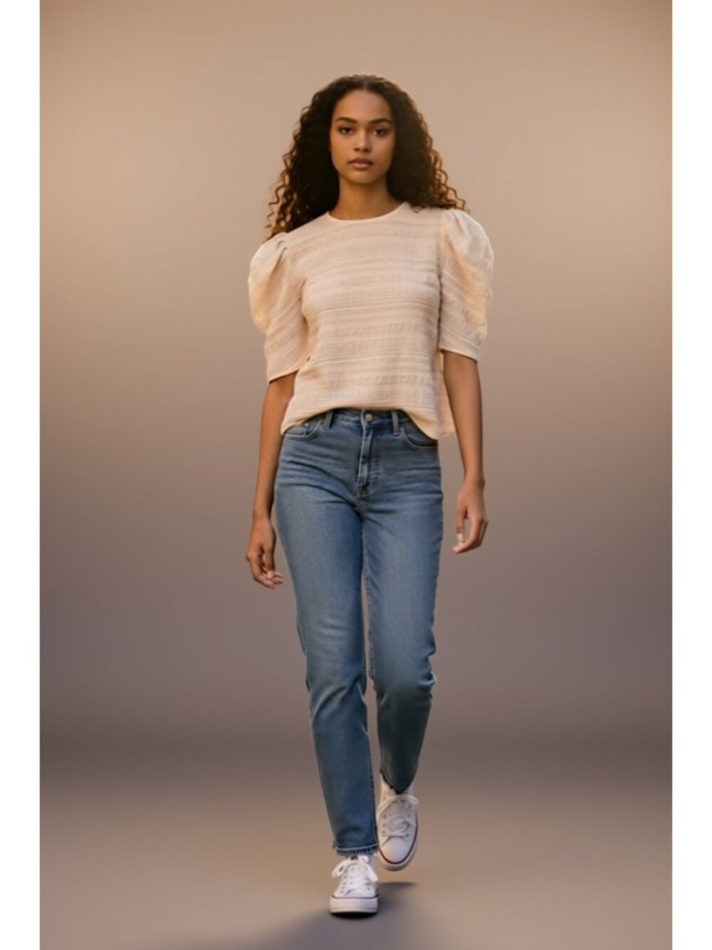 NEW Express Beige Puff Sleeve Textured Crew Neck Top Large L Women’s Shirt